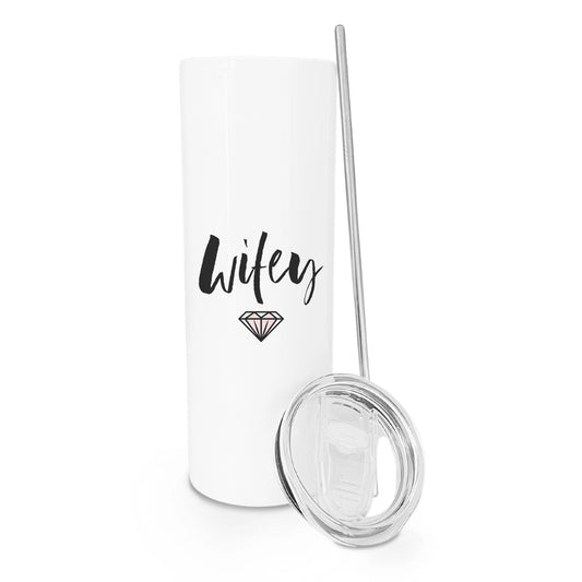 White tumbler with 'Wifey' text and a diamond graphic, accompanied by a metal straw on a white background.