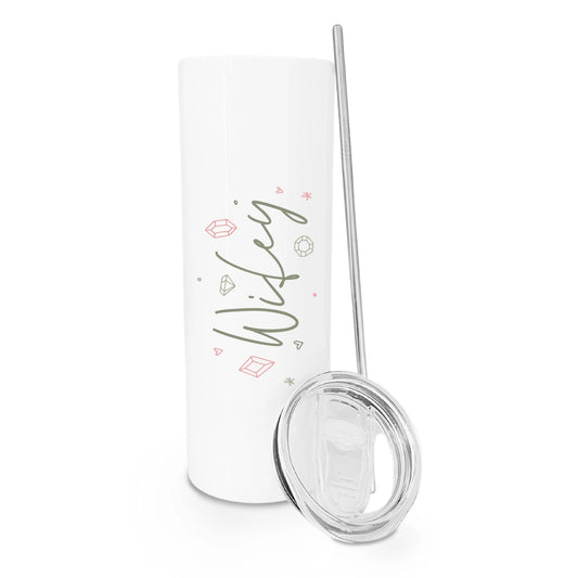 White tumbler with 'Wifey' text, lid, and straw on a white background