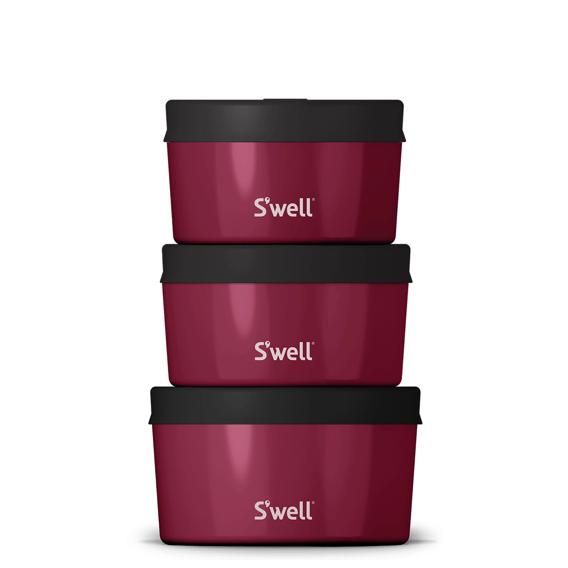 Three maroon S'well containers with black lids on a white background