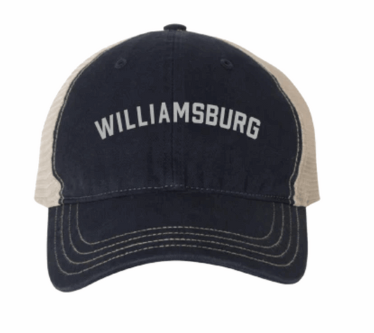 Navy blue cap with beige mesh back and 'Williamsburg' text on a white background