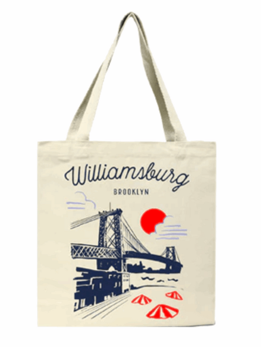 Tote bag with 'Williamsburg Brooklyn' design featuring a bridge and sun.