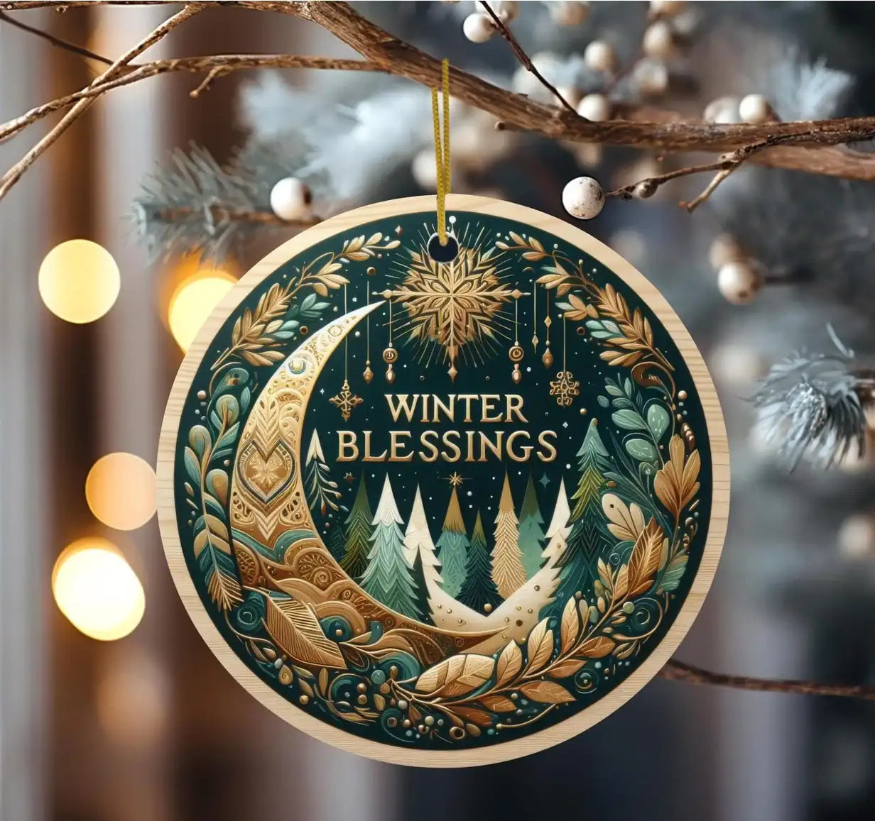 Decorative ornament with 'Winter Blessings' text on a tree branch with lights in the background