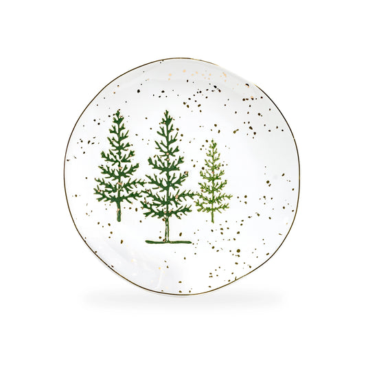 Decorative plate with green tree design on a white background