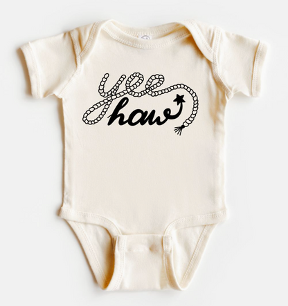 Baby onesie with 'Yee haw' design on a white background