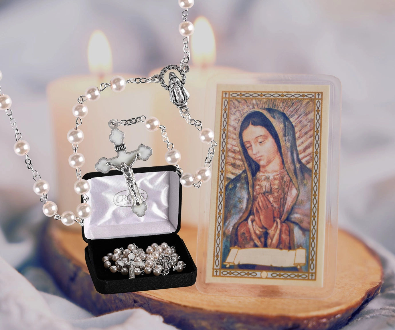 Rosary Glass Pearl Bead Silver Plate 18"L