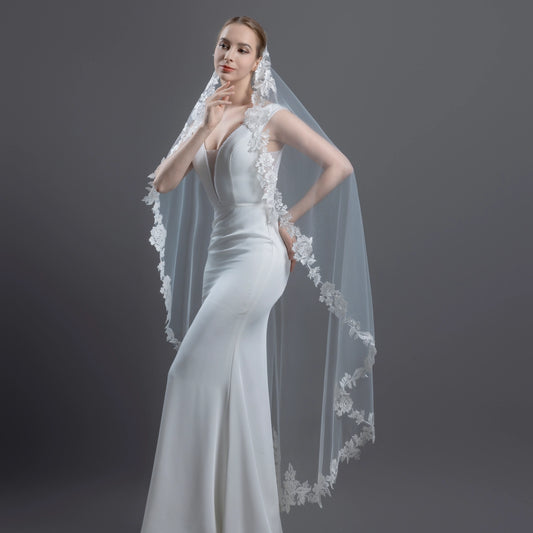 Floral Embroidered Lace Mantilla Veil 60" X 72" - Ivory