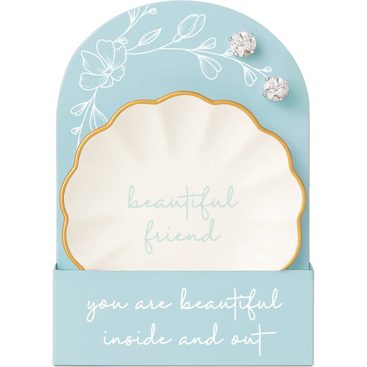 Beautiful Friend Trinket Dish & CZ Stud Earring Set