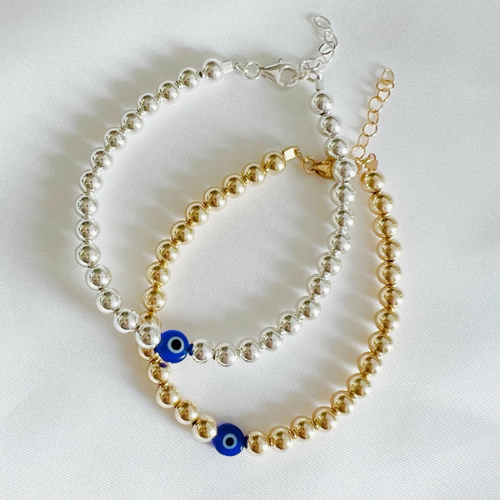 Shield Evil Eye Gold Filled Sterling Silver Beaded Bracelet