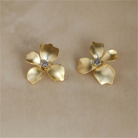 Gold Flower Petal Silver Post Stud Earrings in Solid Copper