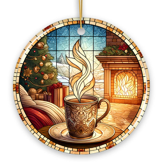 Coffee Illustration Stained Glass Style Ceramic Ornament