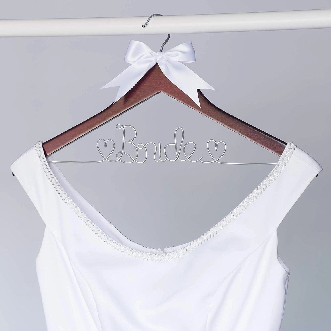 Bride Wedding Dress Hanger Silver Wire - Mahogany