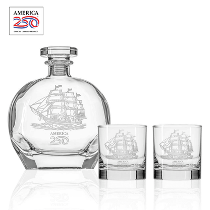 America250™ Tall Ship 3 Pc Set | Whiskey Decanter and Rocks Glasses