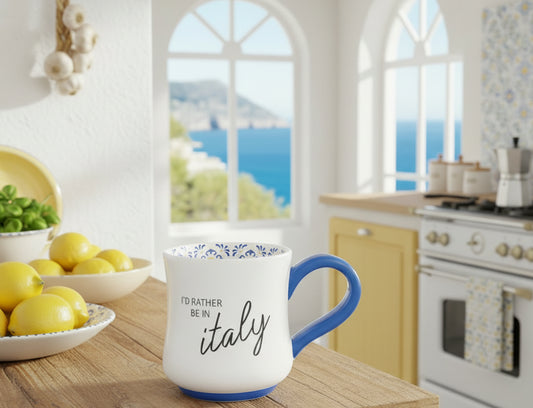 Mug with 'I'd Rather Be in Italy' text and blue handle on a white background
