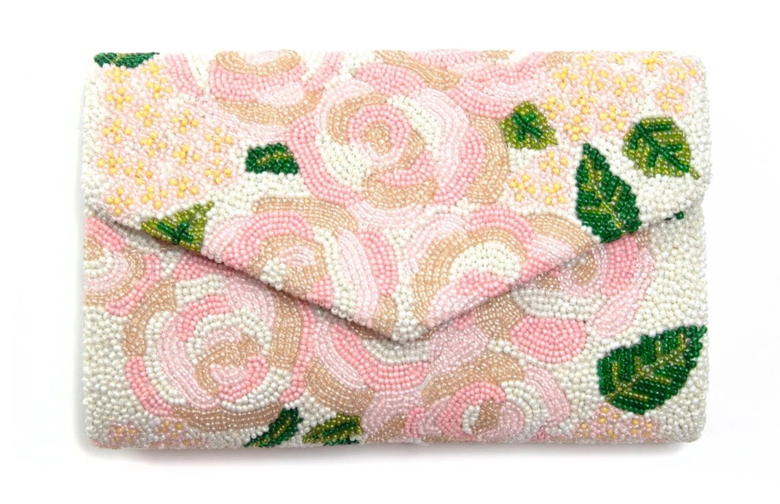 Blush Roses Beaded Clutch Handbag