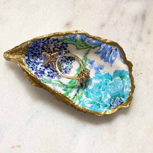 Turquoise Print Oyster Shell Jewelry Dish