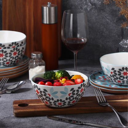Bone China 16pc Dinnerware Set, Floral Pattern Blue & Red
