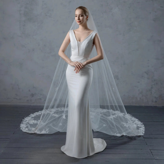 Organza Flowers Embroidered Lace Bridal Veil 120" - Ivory - NY Gift Boutique