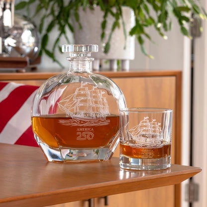 America250™ Tall Ship 3 Pc Set | Whiskey Decanter and Rocks Glasses