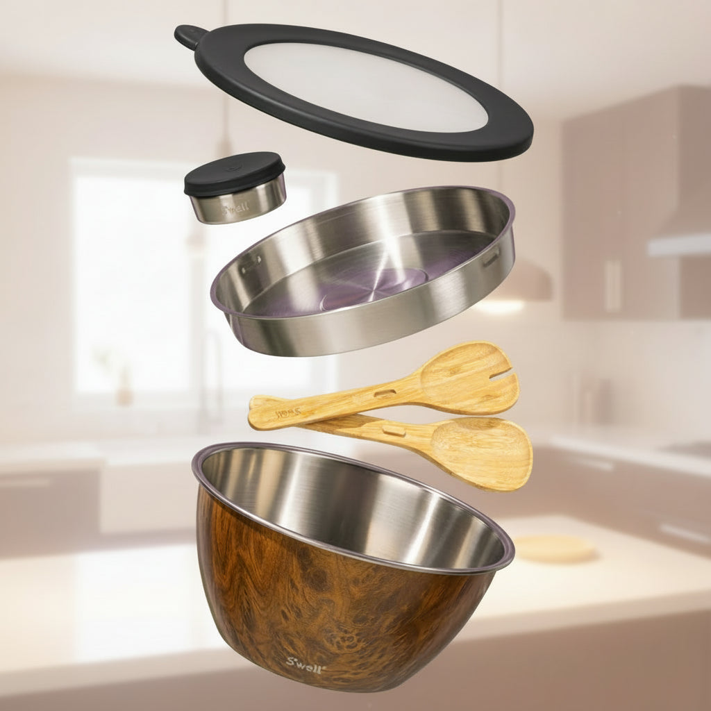 Set of stainless steel and wooden kitchen utensils on a green background