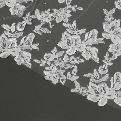 Floral Embroidered Lace Crystal Bridal Veil 120" X 108"- Ivory