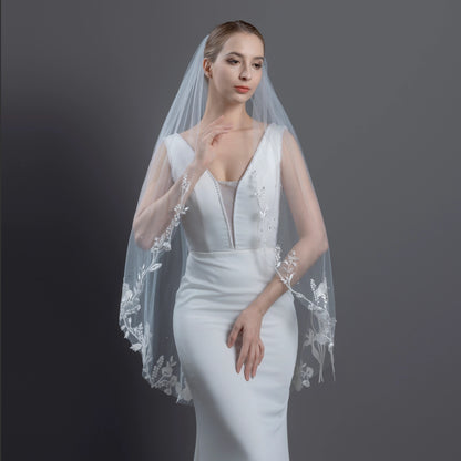 Floral Embroidered Lace Crystals Bridal Veil 42" X 60" - Ivory