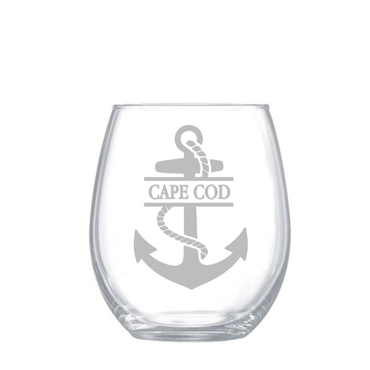 Custom Anchor with Town Name Stemless Wine Glass Set of 4