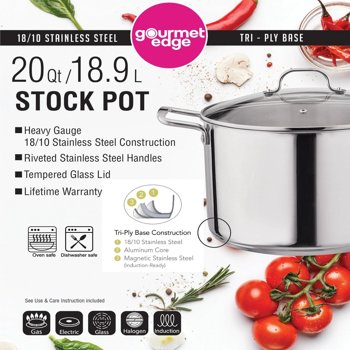 Gourmet Edge - 18/10 Stainless Steel Stock Pot W/Cover 20Qt - NY Gift Boutique