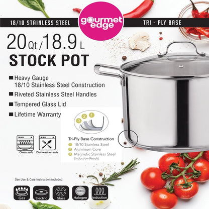 Gourmet Edge - 18/10 Stainless Steel Stock Pot W/Cover 20Qt - NY Gift Boutique