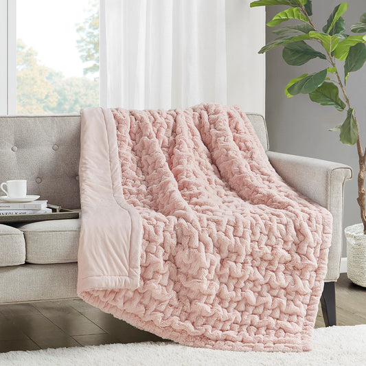 Ruched Fur Throw Blanket 50x60", Blush Pink