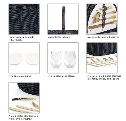 Collection of picnic accessories including a handwoven basket, plates, wine glasses, cutlery, and corkscrew.