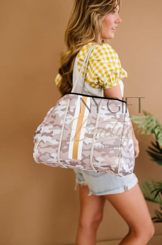 Beach Bag - Beige Camo w/ Gold Stripe Beach Bag
