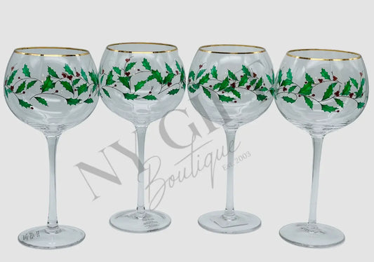 Berry Garland Gold Rim Balloon Wine Glasses Set of 4 Wine Glasses