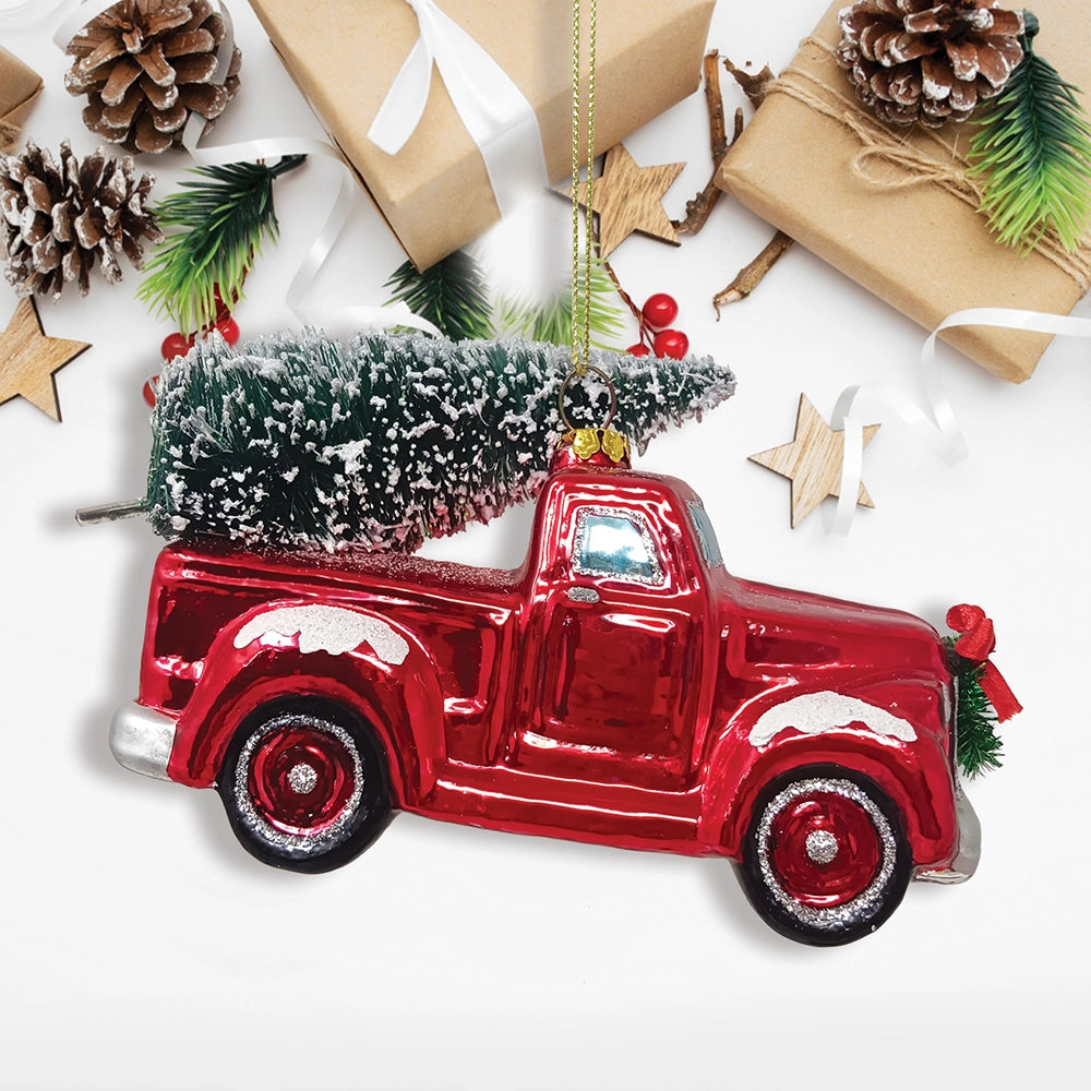 Traditional Red Glass Truck Ornament with Tree