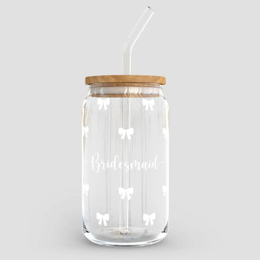 Bridesmaid 16oz Can Glass with Bamboo Lid & Glass Straw