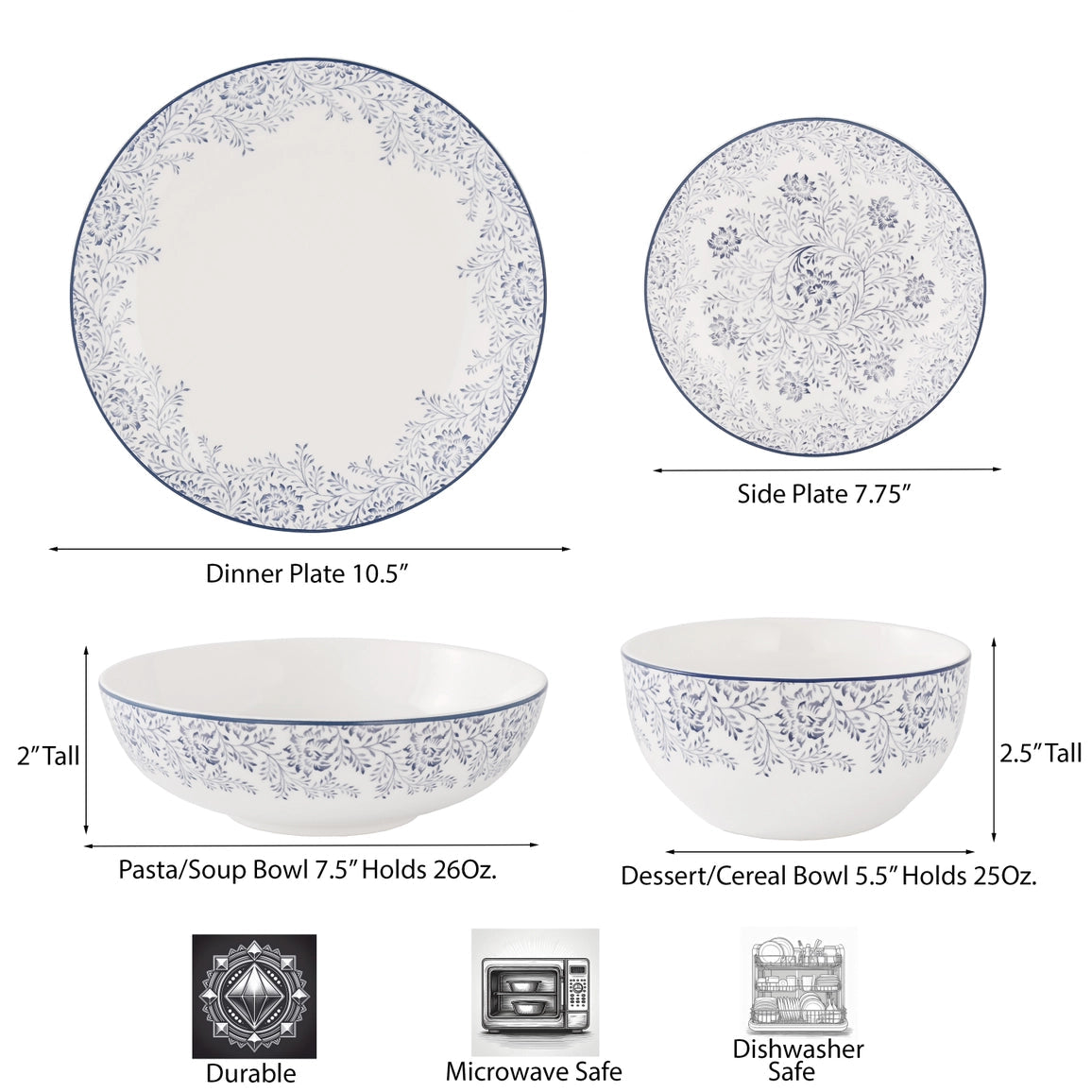 Delicate Blue Floral Bone China Dinnerware Set 16 Pc for 4