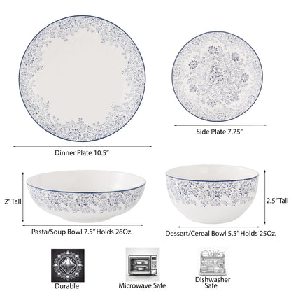 Delicate Blue Floral Bone China Dinnerware Set 16 Pc for 4