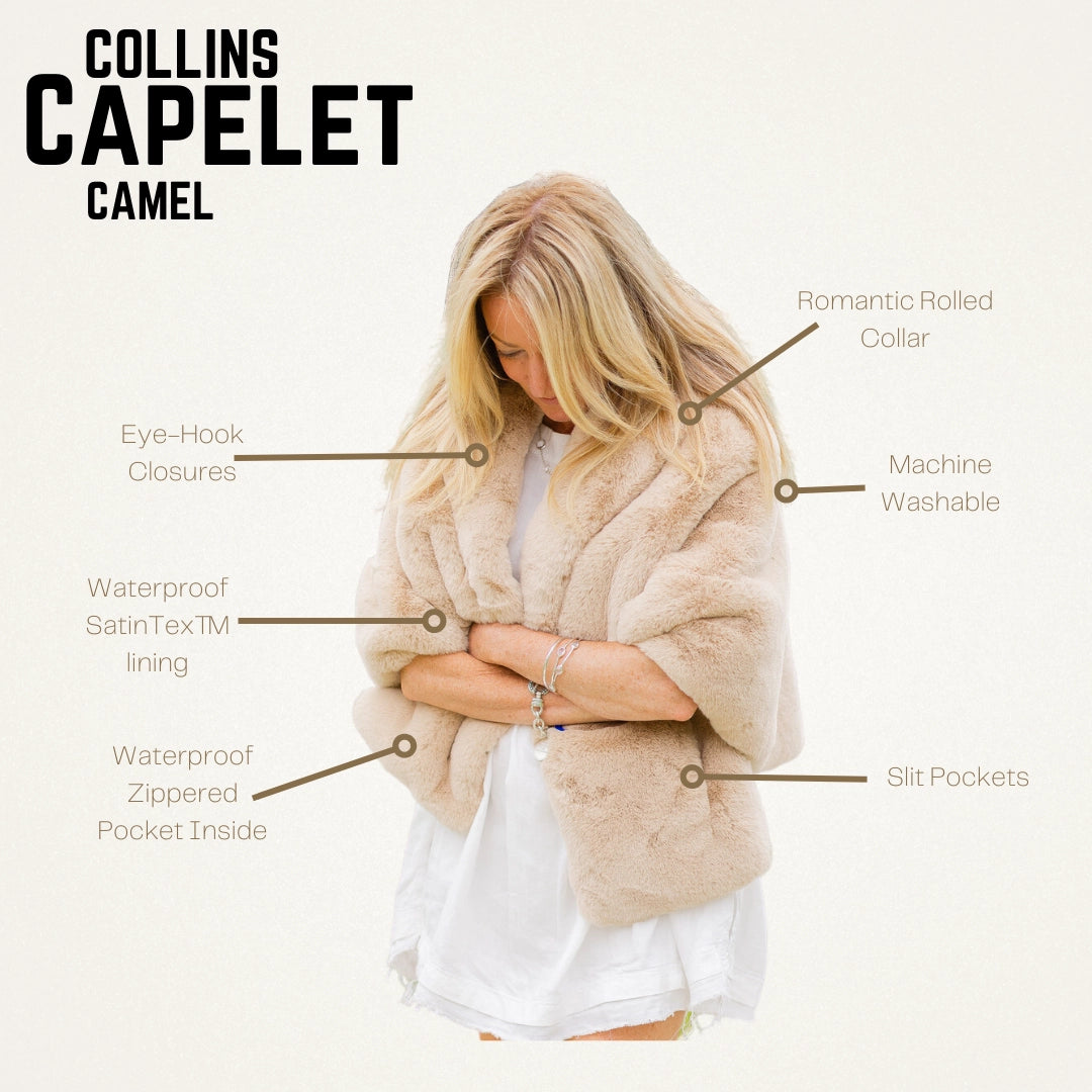 Camel Faux Fur Collins Capelet- Waterproof Satin Lining