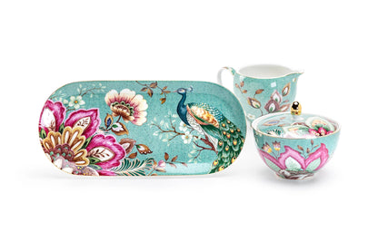 Peacock Lotus Garden Green Sugar Creamer Serving Tray Set