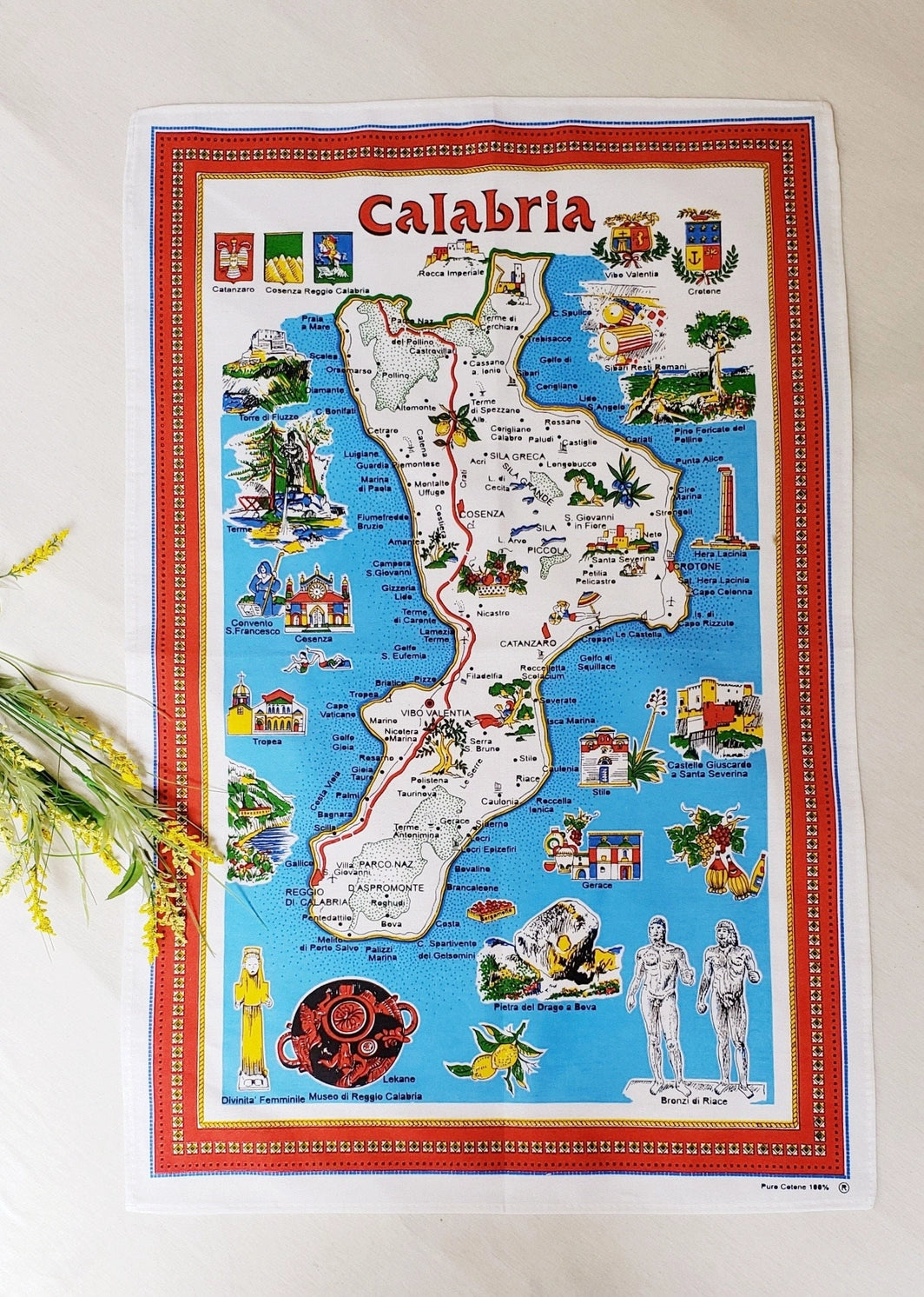 Calabria Cotton Tea Towel Regional Map Made in Italy