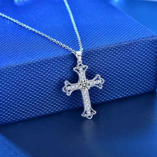 Moissanite Cross Pendant Necklace in 925 Sterling Silver