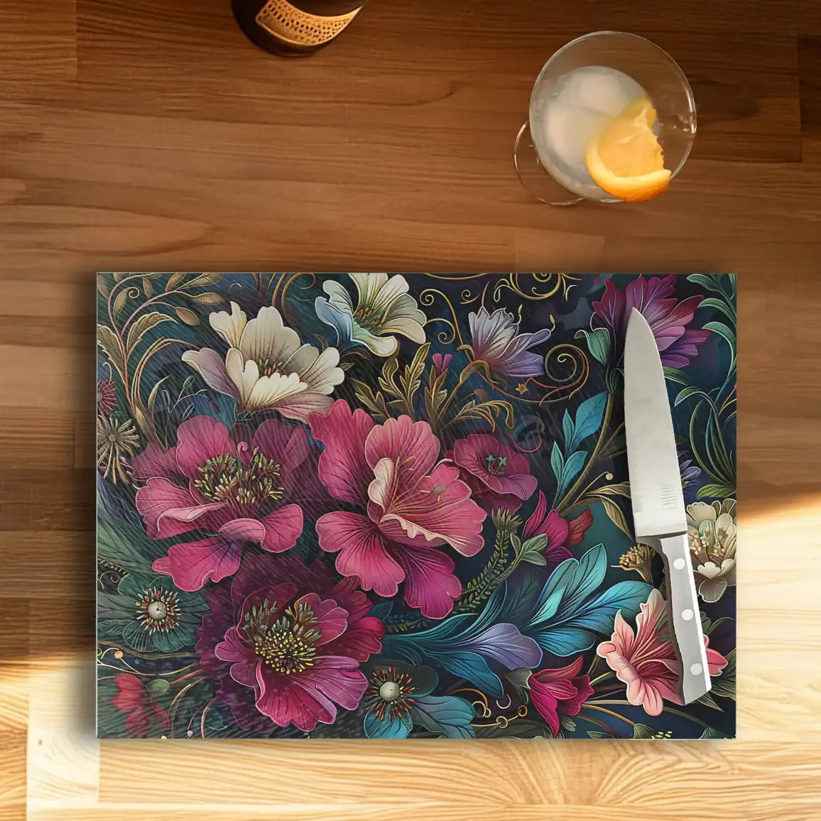 Multi Floral BloomTempered Glass Cutting & Serving Board