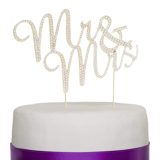 Mr & Mrs Cursive Gold Crystal Cake Topper
