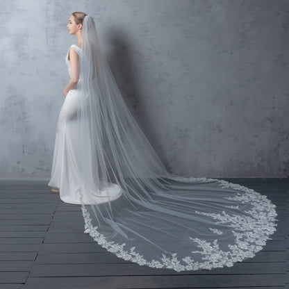 Floral Embroidered Lace Bridal Veil Rhinestones 120" X 90" - Ivory