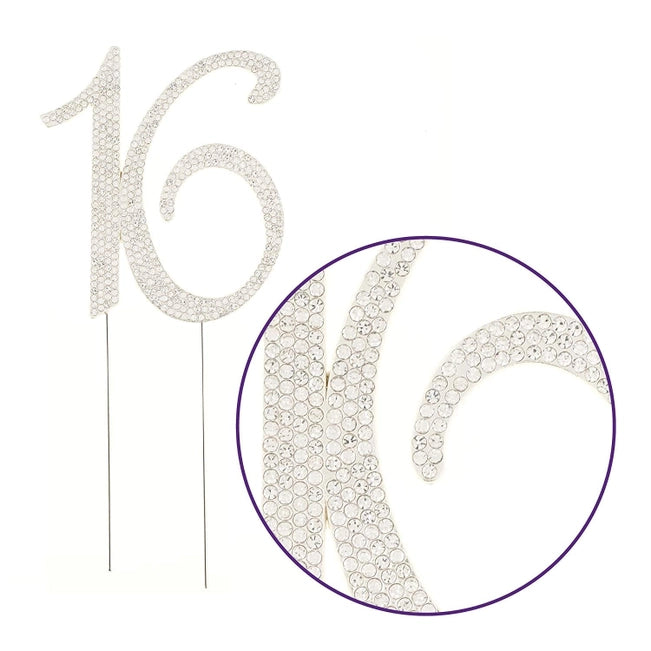 Sweet Sixteen 16 Silver Crystal Cake Topper