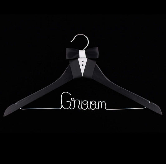 Black Wood Groom Hanger with Silver Wire