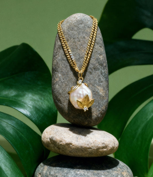 Double Chain Necklace with Baroque Pearl | 18K Gold Plated