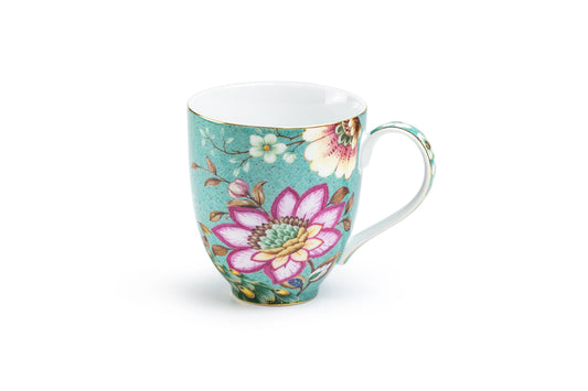 Peacock Lotus Garden Green 12oz Fine Porcelain Mug Set of 4