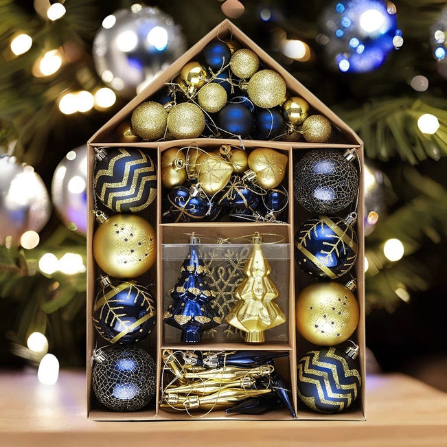 Glam Glittered Gold and Blue Ornament Set