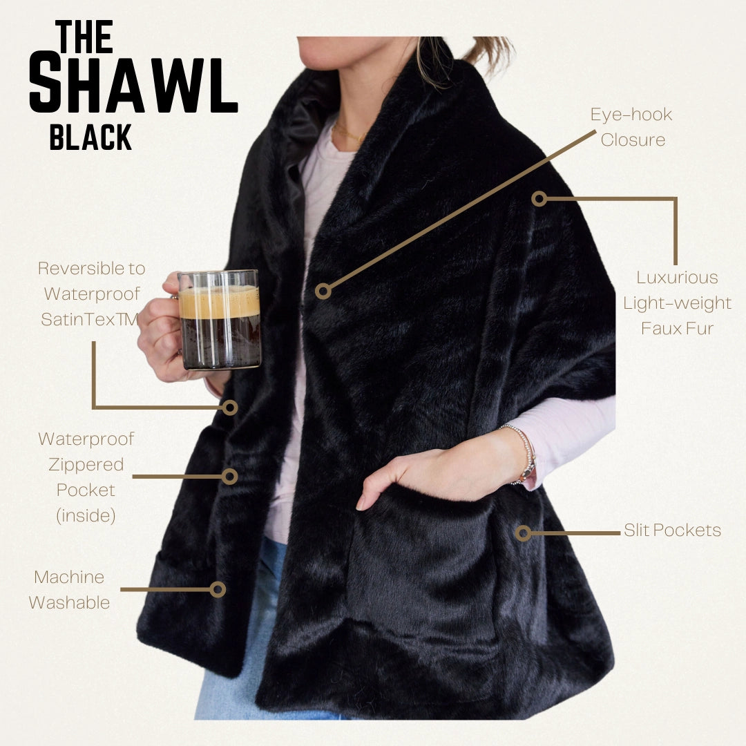 Black Faux Fur Shawl- Waterproof Satin Lining