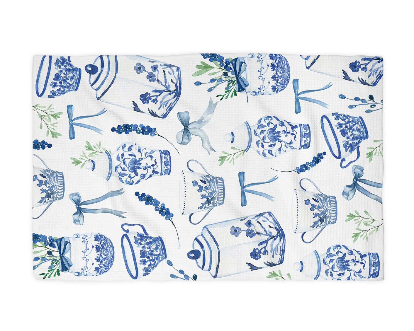 Chinoiserie Blue Floral Vase Waffle Weave Towel